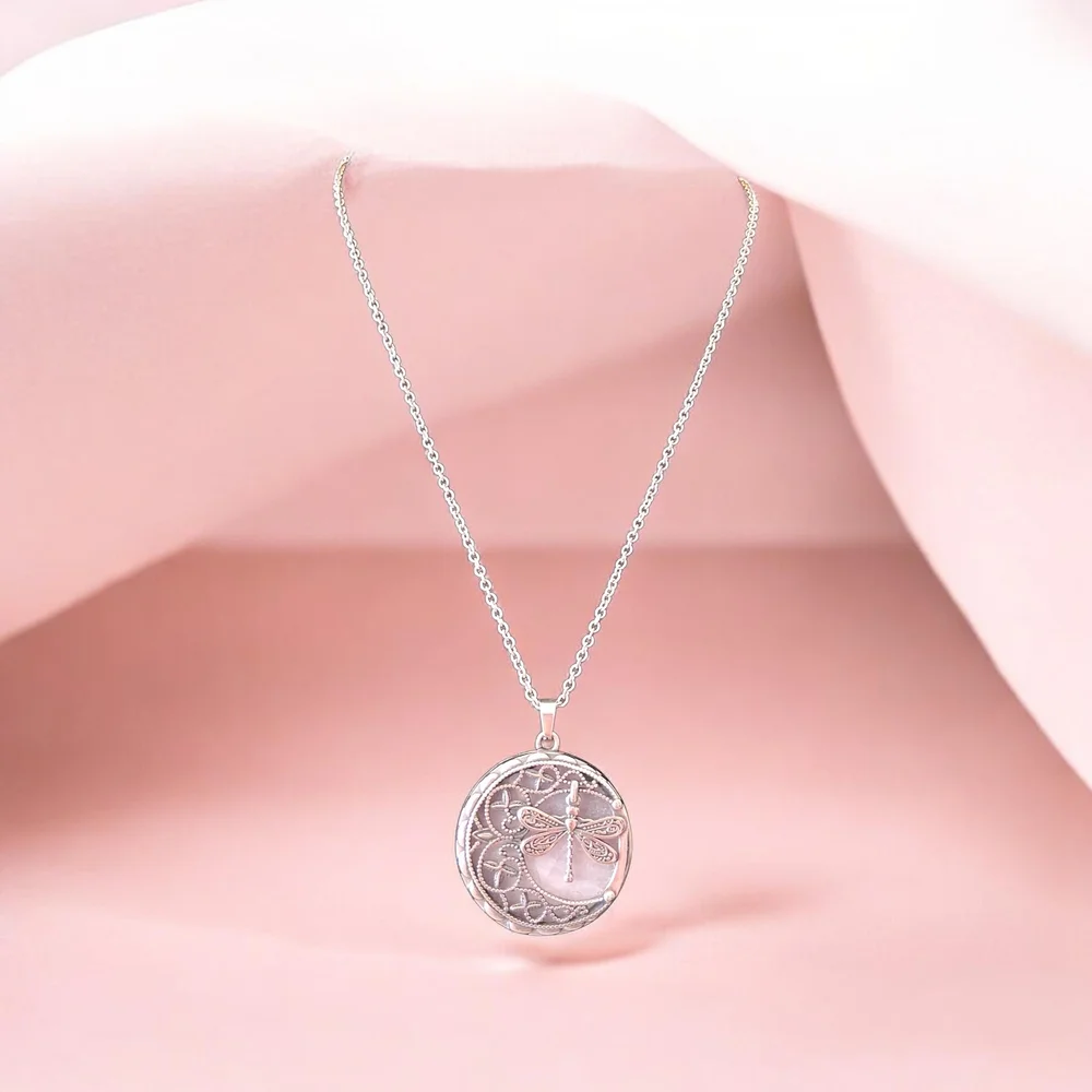 Detailed 3D Silver Half Moon Dragonfly Pink and Purple Amethyst 18